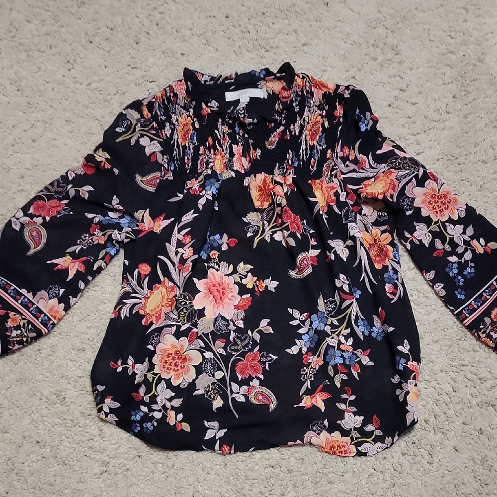 LOFT Black Floral Long Sleeve Blouse